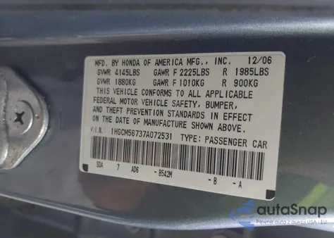 2007 Honda Accord 2.4 Ex from USA, damaged, VIN 1HGCM56737A072531